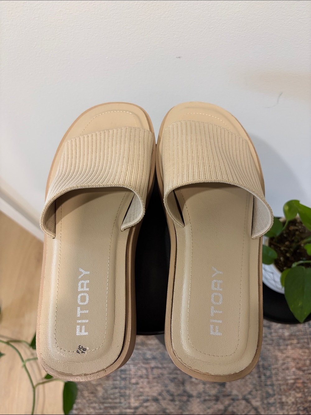 Beige Ribbed Stretch Platform Slide Sandals - Picture 6 of 7